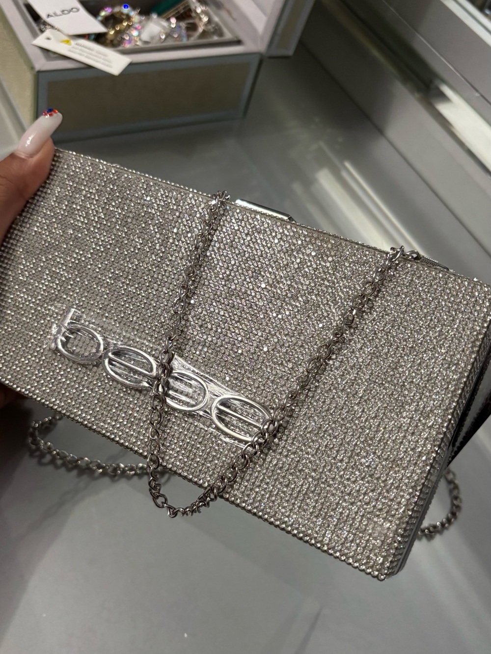 BEBE Silver Crystal Logo Evening Clutch - Picture 5 of 9